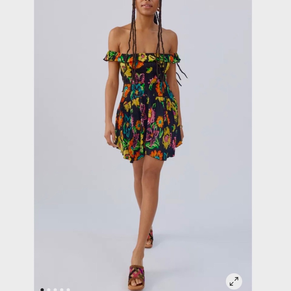 URBAN OUTFITTERS  AUBREY OFF THE SHOULDER SMOCKED RUFFLE MINI DRESS MULTICOLOR